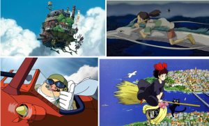 The flying Howl's moving castle, Haku flying (Spirited Away), Porco Rosso, Kiki's Delivery Service.  飛んでいるハウルの動く城、飛んでいるハク(千と千尋の神隠し)、紅の豚、魔女の宅急便